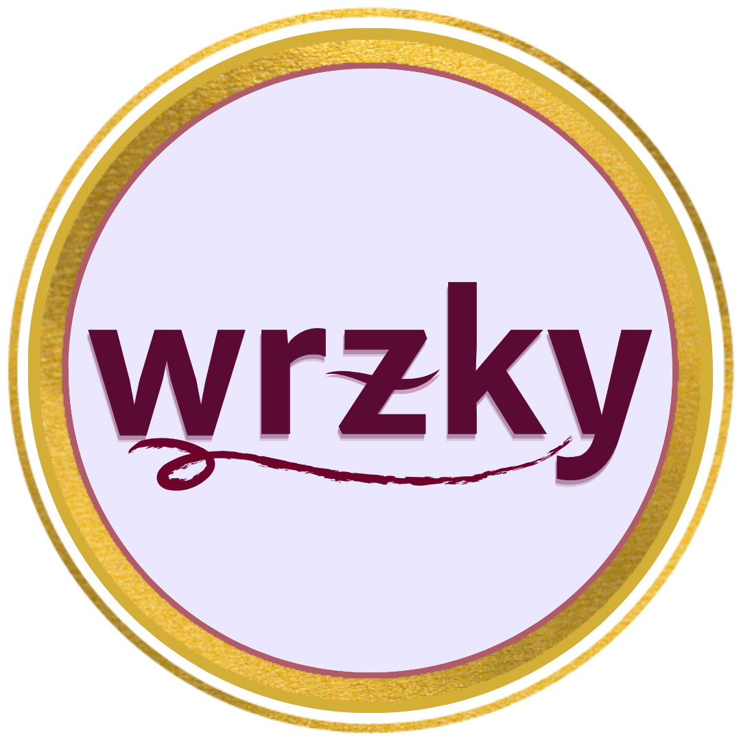 wrzky circular logo with maroon text on light lavender background, outlined in gold and maroon.